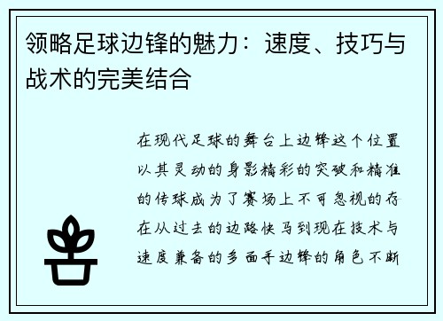 领略足球边锋的魅力：速度、技巧与战术的完美结合