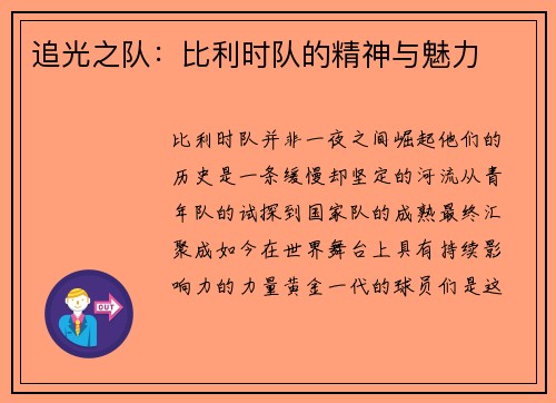 追光之队：比利时队的精神与魅力